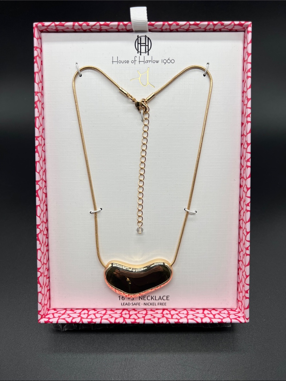 House of Harlow 1960 Gold Tone Bean Pendant Necklace NIB 16”+3” Snake Chain